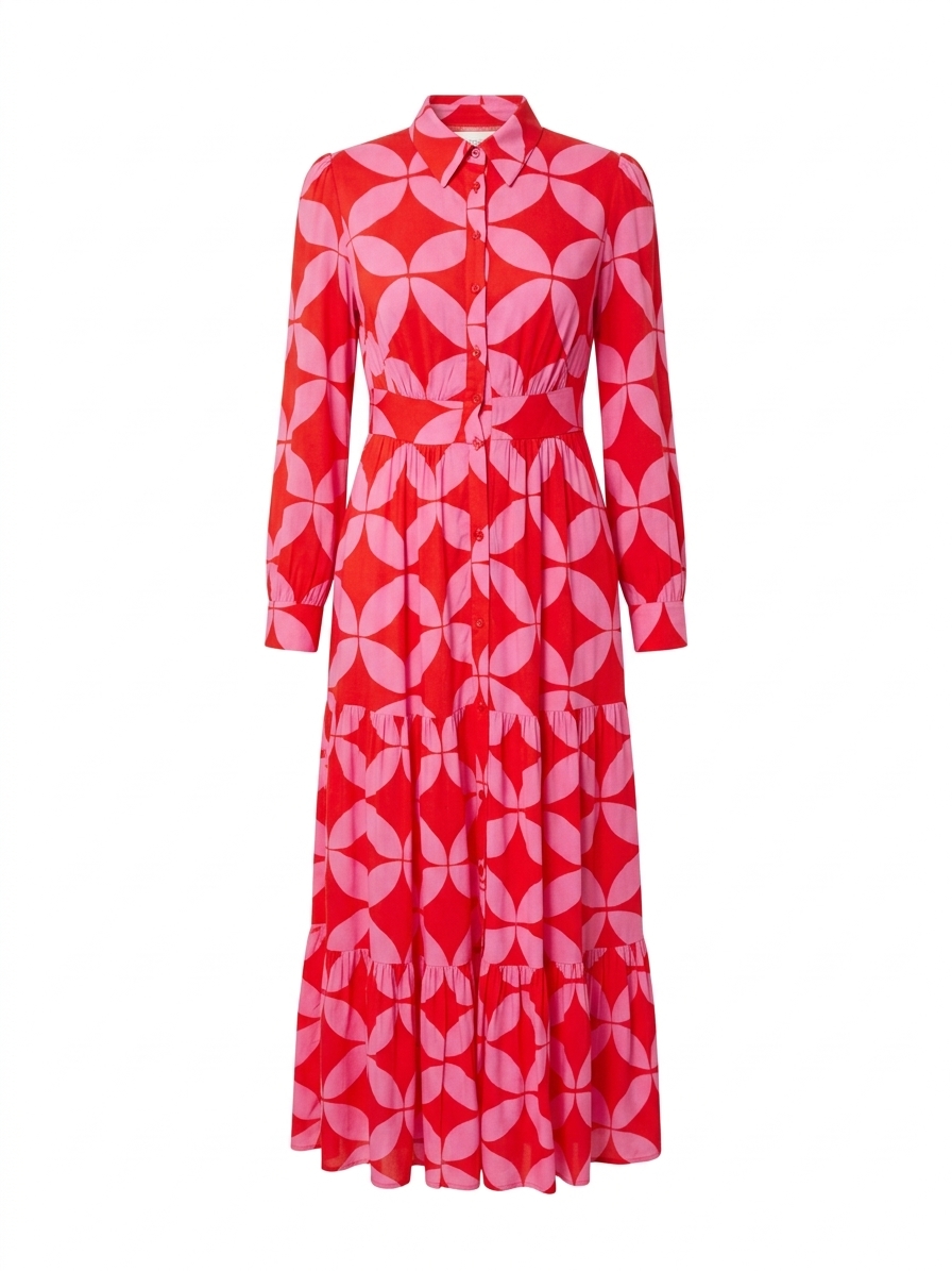 Hravé maxi šaty s geometrickým potiskem v červené a růžové