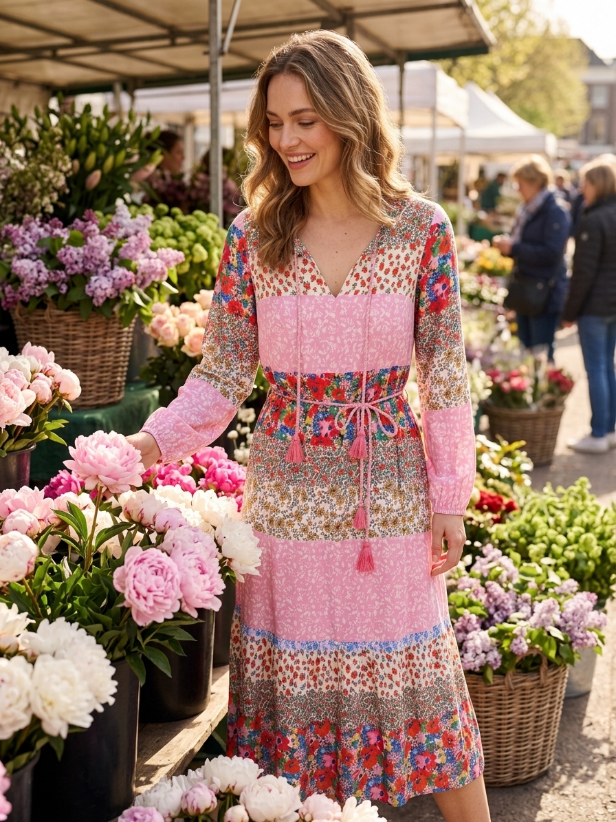 Jarní šaty s bohatým květinovým potiskem a páskem